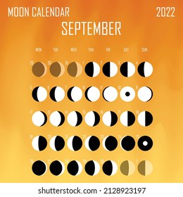 SEPTEMBER 2022 Moon calendar. Astrological calendar design. planner. Place for stickers. Month cycle planner mockup. Isolated color liquid background.