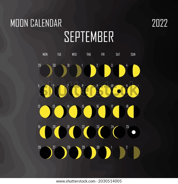 September 2022 Moon calendar. Astrological\
calendar design. planner. Place for stickers. Month cycle planner\
mockup. Isolated black and white\
background.