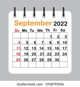 Septiembre de 2022 sobre fondo blanco. Calendario 2022 semana inicio domingo. Plantilla de tarjeta de felicitación. Ilustración vectorial. EPS 10.