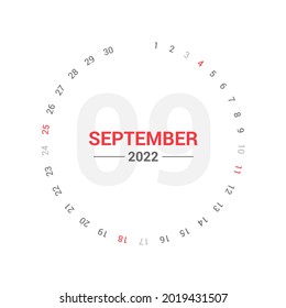 Calendario de Círculo de Planner de septiembre de 2022. Sábado y domingo de fin de semana. Diseño vectorial de plantilla de calendario de planificador único simple.
