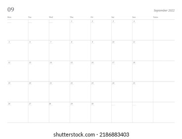 September 2022 simple design digital and printable calendar template illustration. Notes, scheduler, diary, calendar, memo, planner document template background. 