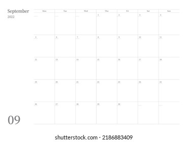 September 2022 simple design digital and printable calendar template illustration. Notes, scheduler, diary, calendar, memo, planner document template background. 