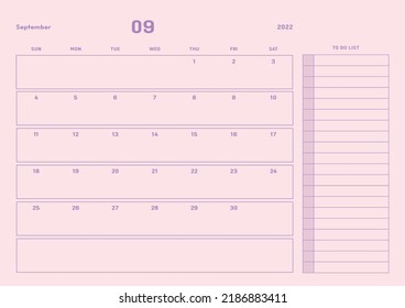 September 2022 simple design digital and printable calendar template illustration. Notes, scheduler, diary, calendar, memo, planner document template background. 
