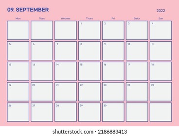 Ilustración de plantilla de calendario digital e imprimible de diseño sencillo en septiembre de 2022. Notas, programador, diario, calendario, nota, fondo de plantilla de documento del planificador. 