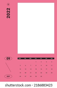 September 2022 simple design digital and printable calendar template illustration. Notes, scheduler, diary, calendar, memo, planner document template background. 