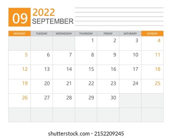 September 2022 template, Calendar planner 2022, week start on Monday,  Desk calendar 2022 year, simple and clean design, Wall calendar design, Corporate design planner template, print media vector