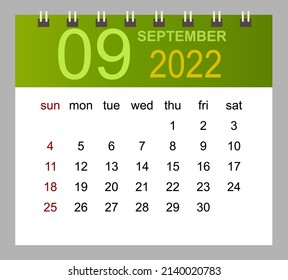 September 2022. Vector monthly calendar template 2022 year in simple style for template design. Week starts from Sunday.