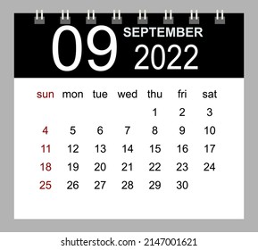 September 2022. Vector monthly calendar template 2022 year in simple style for template design. Week starts from Sunday.