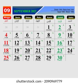 September 2022 wall calendar design, Sunday begins on National Sunday - Christian - Hijri -Javanese - Arabic vector eps10