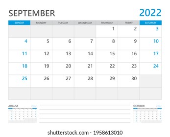 September 2022 year, Calendar planner 2022 and Set of 12 Months,  week start on Sunday. Desk calendar 2022 design, simple and clean design, Wall calendar, Corporate design planner template vector