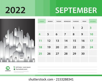 September 2022 year- Calendar 2022 template, Desk Calendar, Week Start On Sunday,  green background