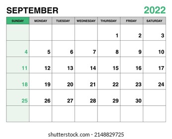 September 2022 year planner template, calendar 2022 template, monthly and yearly planners. organizer diary. week start Sunday, corporate planner template, Desk calendar 2022, green background, vector