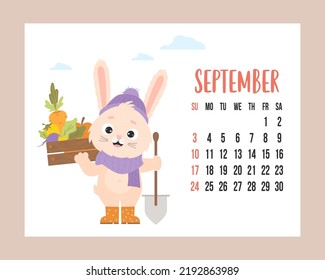 September 2023 calendar. Cute bunny farmer in knitted clothes and rubber boots with shovel and harvest of vegetables in wooden box. Vector illustration. horizontal Template. Week from Sunday. English