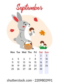 Calendario de septiembre de 2023. La liebre está recogiendo hongos. Ilustración vectorial plana.
