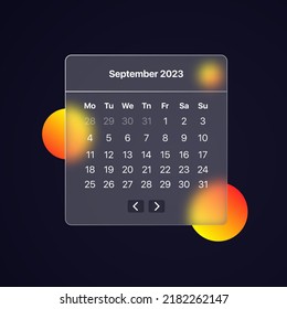 September 2023 calendar line icon. Planning, appointment, time management, plan, year, month, notification. Schedule concept. Glassmorphism style. Vector line icon for Business and Advertising.