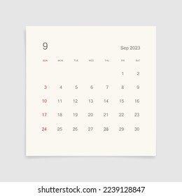 September 2023 calendar page on white background. Calendar background for reminder, business planning, appointment meeting and event. Week starts from Sunday. Vector illustration.