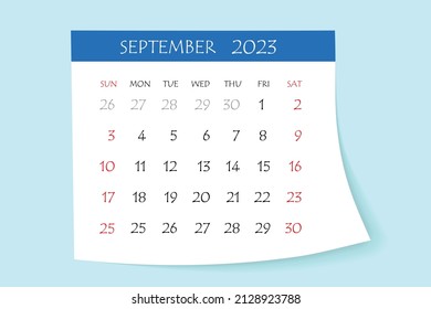 September 2023 calendar planner. Corporate week. Template layout, 12 months yearly, white background. Simple design for business brochure, flyer, print media, advertisement. Week starts from Monday.