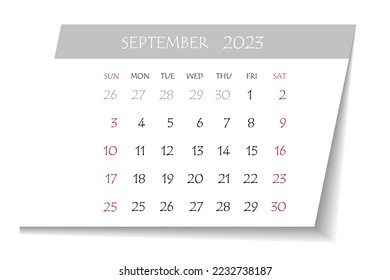 September 2023 calendar planner. Corporate week. Template layout, 12 months yearly, white background. Simple design for business brochure, flyer, print media, advertisement. Week starts from Monday.