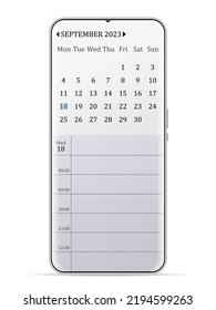 September 2023 calendar smartphone on a white background. Vector illustration.