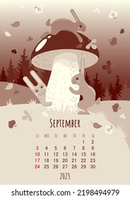 September 2023 calendar with symbol of the year Rabbits and autumn mushroom on autumn forest background and leaf fall in brown tones