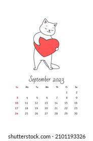 September 2023 calendar. Calendar template decorated with a cute white cat in love. Vector illustration 10 EPS. 