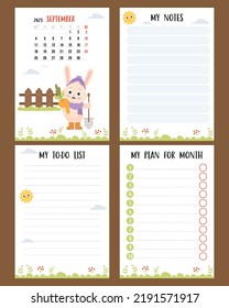 September 2023. Monthly calendar planner with cute rabbit farmer with shovel and carrots, harvesting. Vector set vertical page a4 templates to-do list, my plan and notes. Week from Monday, in English