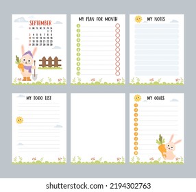 September 2023. Monthly calendar planner with cute rabbit farmer with shovel and carrots, harvesting. Vector set vertical page templates to-do list, my plan and notes. English. Week from Sunday

