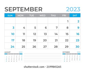 September 2023 page, Calendar 2023 template, Desk calendar 2023 year, planner design, Wall calendar, week starts on sunday, stationery design, Desk office, organizer office, vector eps10
