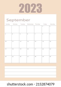 September 2023 planner calendar vector illustration, simple and clean design.