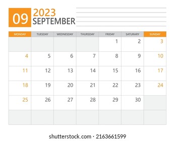 Vorlage September 2023, Kalenderplaner 2023, Woche beginnt am Montag, Schreibtischkalender 2023 Jahr, einfacher Planer und sauberes Design, Wall-Kalender-Design, Corporate-Planer-Vorlage, Druckmedien