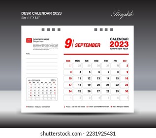 September 2023 template- Desk Calendar 2023 year template, wall calendar 2023 year, Week starts Sunday, Planner design, Stationery design, flyer design, printing media, red concept design
