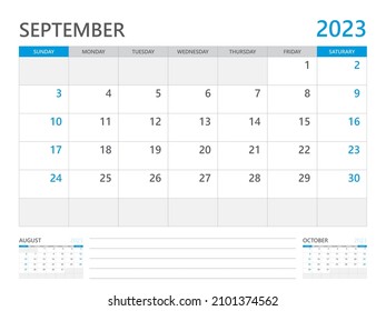 September 2023 year, Calendar planner 2023 and Set of 12 Months, week start on Sunday. Desk calendar 2023 design, simple and clean design, Wall calendar, Corporate design planner template vector