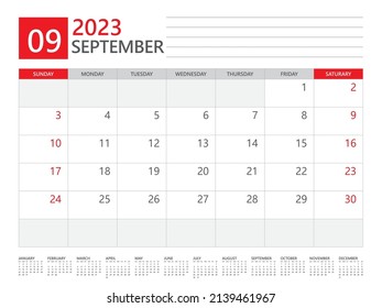 Septiembre de 2023 año, Calendario 2023 y Conjunto de 12 Meses, semana comienza el domingo. Calendario de escritorio 2023 diseño, diseño simple y limpio, calendario de pared, vector de plantilla de planificación de diseño corporativo