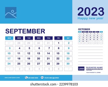 September 2023 year, Calendar planner 2023 and Set of 12 Months, week start on Sunday. Desk calendar 2023 design, simple, Wall calendar, Corporate design planner template vector, blue background