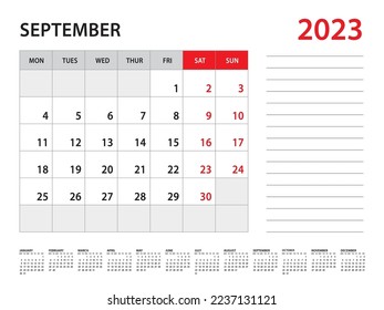 September 2023 year - Calendar 2023 template vector, week start on monday, Desk calendar 2023 year, Wall calendar design, corporate planner template, Stationery, organizer diary, vector