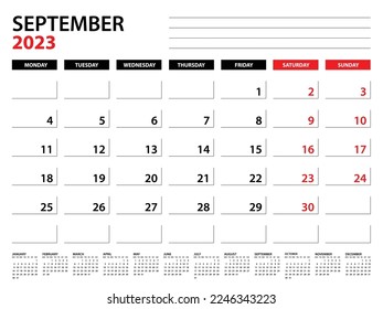 September 2023 Planervorlage, Kalendervorlage 2023, Monatsplaner und Jahresplaner. Organigertagebuch. Montag-Wochenbeginn, Vorlage für Firmenplaner, Desk-Kalender 2023, Vektorgrafik
