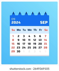 Calendário de setembro de 2024. Retrato de calendário azul. 2024 Fim de semana domingo e sábado estilo. Layout de grade. Folha de calendário mensal setembro de 2024. Ilustração vetorial