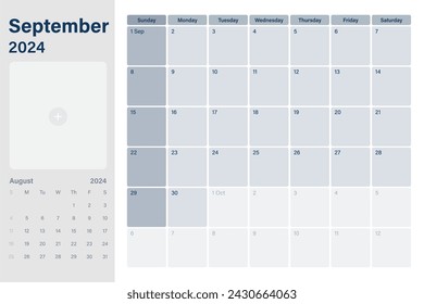 September 2024 calendar desk planner with space for your picture, weeks start on Sunday,  simple white and gray theme, vector design