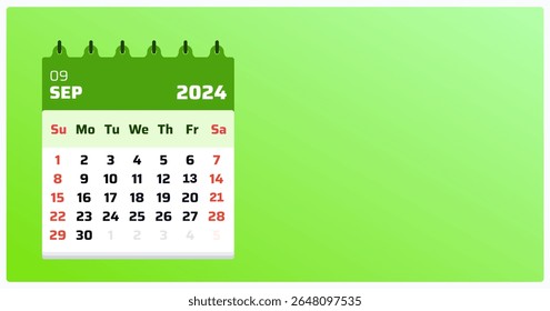 September 2024 calendar. Green calendar landscape. 2024 Weekend formatted sunday and saturday. Monthly layout view for September. Vector illustration.