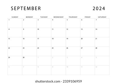 Calendario de septiembre de 2024. Plantilla de planificación mensual. Empieza el domingo. Diseño de vectores