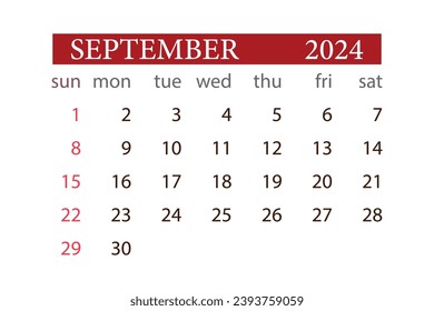 SEPTEMBER 2024 calendar monthly planner start sunday template vector.