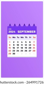 September 2024 calendar. Purple calendar story. 2024 Weekend placed sunday and saturday. Clean format. Monthly calendar view september 2024. Vector illustration