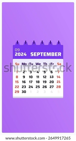 September 2024 calendar. Purple calendar story. 2024 Weekend placed sunday and saturday. Clean format. Monthly calendar view september 2024. Vector illustration