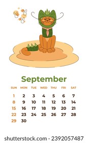 September 2024. Calendar sheet with a cute cat in a dragon costume with glasses and tie. Cartoon vector illustration.