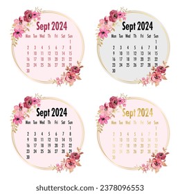 Plantilla del calendario de septiembre de 2024. Calendario 2024. Plantilla del calendario anual 2024 con floral.