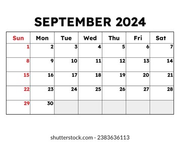 Calendario de septiembre de 2024. Ilustración vectorial. Planificación mensual para sus eventos de negocios