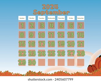 September 2024 Calendar Vector Illustration. Calendar Vector Template. Design with autumn themed background. Fall concept 2024 September calendar  fallen autumn dried leaves and pumpkin