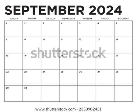 September 2024 Calendar. Week starts on Sunday. Blank Calendar Template. Fits Letter Size Page. Stationery Design.