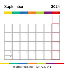 September 2024 colorful wall calendar, week starts on Monday. 2024 Calendar template.