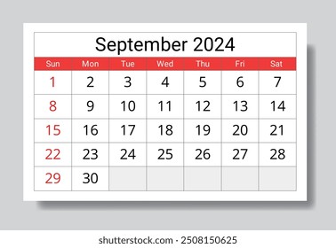 September 2024 ENGLISH month calendar. Vector printable illustration. Monthly planning for your events